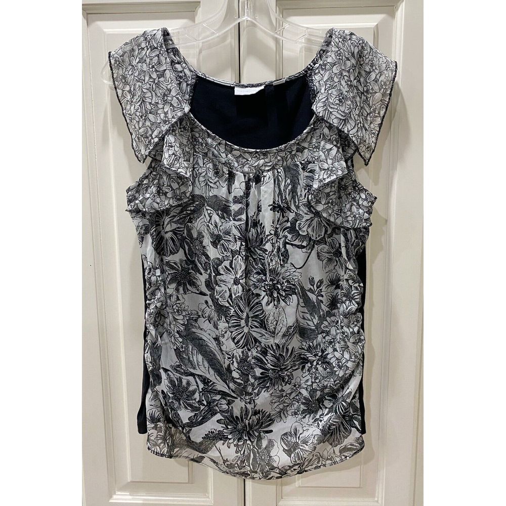 New York and Company Black and White Floral‎ Sleeveless Ruffled Blouse Size M
